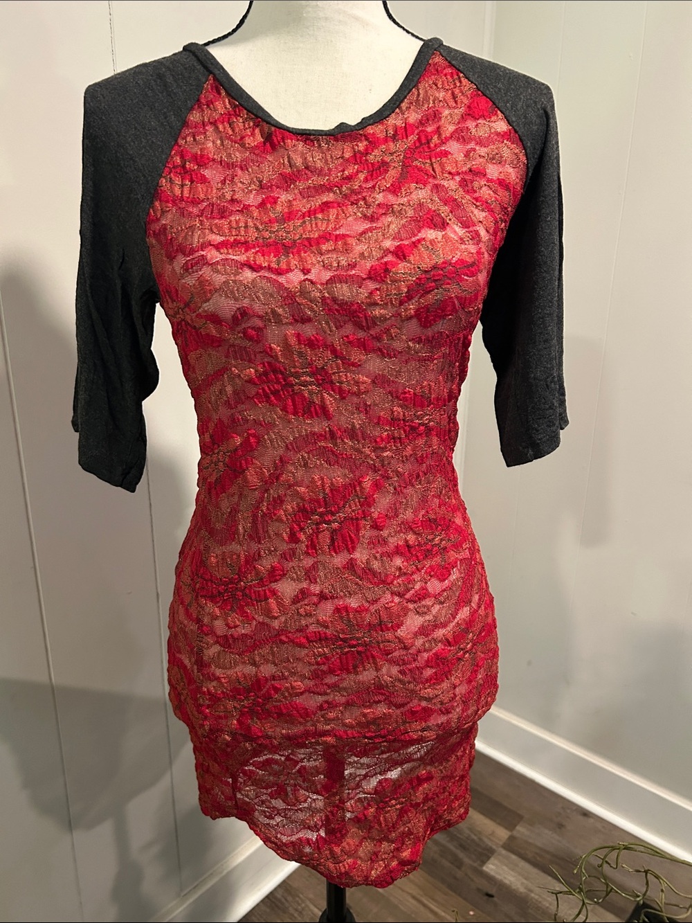 BKE Red Lace shirt with Black Raglan Sleeves